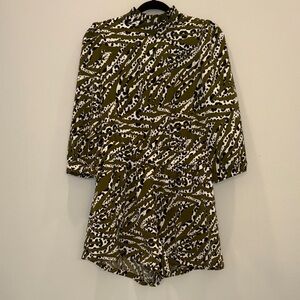 THML Olive Animal Print & Polka Dot Romper w/Ruffled Neckline & POCKETS - Small
